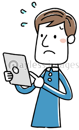 イラスト素材 ビジネスマン カジュアル タブレット 操作 困る 慌てる ストックフォトの定額制ペイレスイメージズ