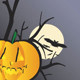 Halloween+scene+with+pumpkin+bat+moon+and+tree+at+night+vector+illustration