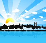 Vector+illustration+of+a+beautiful+sunny+happy+urban+landscape+background+with+water+reflection.+Sun+and+clouds+in+the+sky.