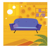Old+retro+styled+interior+with+sofa+and+bookcase.+Vector+Illustration