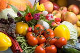 Assorted+Fruits+And+Vegetables+With+Multicolored+Tulips