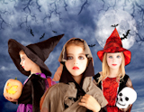 Halloween+kid+girls+and+pumpkin+on+cloudy+moon+sky