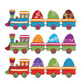 Vector+illustration+of+cute+retro+color+train+with+funny+Easter+Eggs