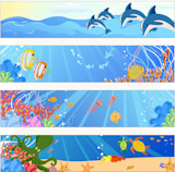 Vector+illustration+of+Colorful+banners+set+with+creatures+of+the+seas.+Friendly+kids+style.