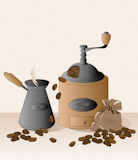 coffee grinder, cezve, coffee beans and bag