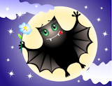 Cute bat with a blue flower in the night sky