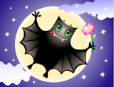 Cute bat with a pink flower in the night sky