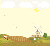 Rural landscape with a tractor in the field, a windmill and sheep