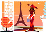 Woman+holding+a+hand+bag+with+a+tower+in+the+background%2C+Eiffel+Tower%2C+Paris%2C+France