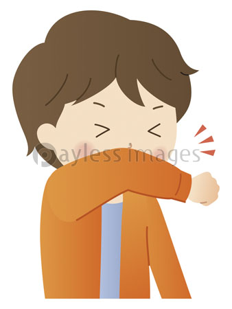 肘でカバーしながらせきをする男性