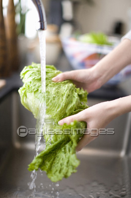 野菜を洗う女性