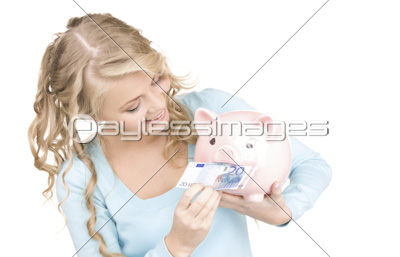 lovely woman with piggy bank and money