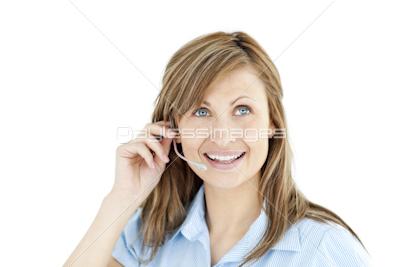 Bright businesswoman talking on headphones