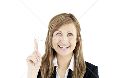 Laughing businesswoman showing with her finger up