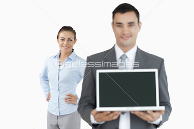 Business partner presenting laptop