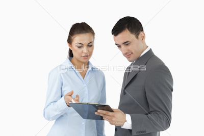 Business partners taking a look at the clipboard