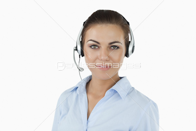 Call center agent with headset on