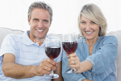 Couple toasting with red wine on the sofa