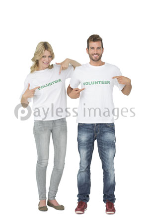 The,portrait,of,two,happy,volunteers,who,point,out,these,selves