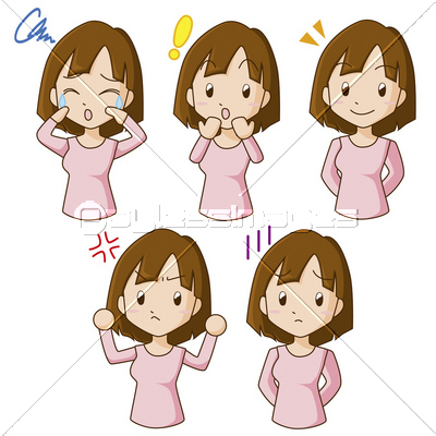 カジュアル 女性 喜怒哀楽 二頭身 ベクターセット イラスト ストックフォトの定額制ペイレスイメージズ