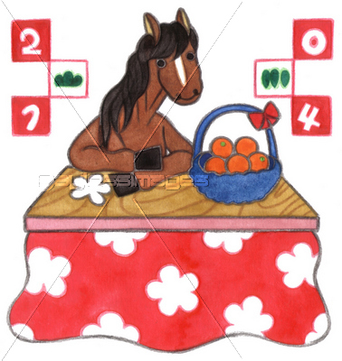 14年午年年賀状用イラスト素材 馬とコタツとミカン 手描き ストックフォトの定額制ペイレスイメージズ