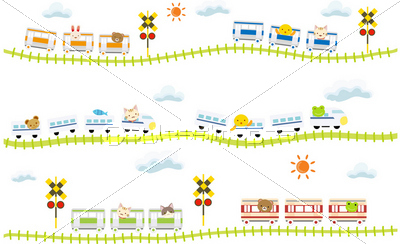 子供向け可愛い踏切のある線路を走る動物電車 商用利用可能な写真素材 イラスト素材ならストックフォトの定額制ペイレスイメージズ