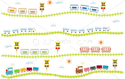 子供向け可愛い踏切のある線路を走る電車の写真 イラスト素材