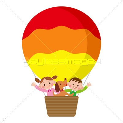 気球に乗る子供とペット