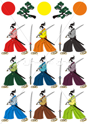 和風挿絵カットイラスト 侍と刀と松と日の丸 ９色パターン ストックフォトの定額制ペイレスイメージズ