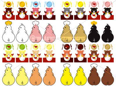 豚のコックさんとお客さんと皿とナイフとフォークご馳走様８色 商用利用可能な写真素材 イラスト素材ならストックフォトの定額制ペイレスイメージズ