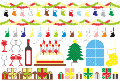 クリスマス用イラストカット素材集 靴下 飾りつけ ワイン ケーキ クリスマスツリー プレゼント カラフル ストックフォトの定額制ペイレスイメージズ