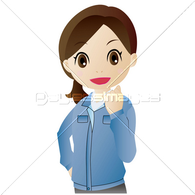 ガッツポーズの作業服の女性