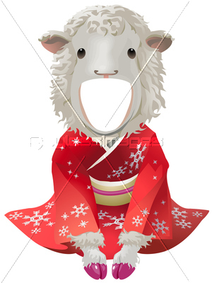 羊 年賀状 女性 着物 着ぐるみ イラストの写真 イラスト素材