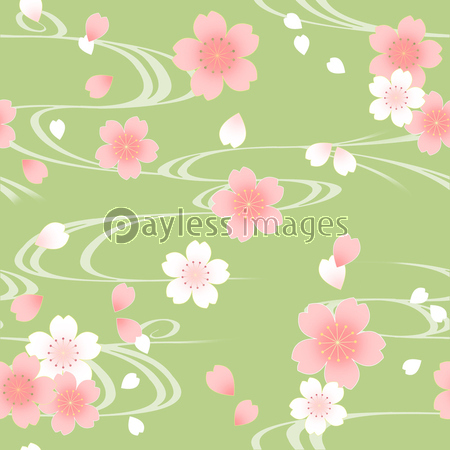 和柄 桜と流水 パターン 緑 ストックフォトの定額制ペイレスイメージズ