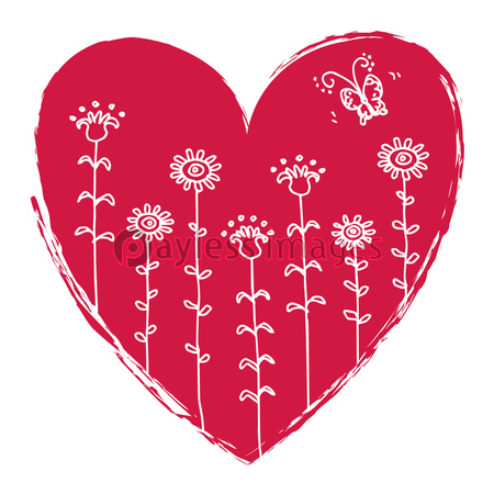 バレンタイン 手書き風ハートと花と蝶のイラスト 商用利用可能な写真素材 イラスト素材ならストックフォトの定額制ペイレスイメージズ
