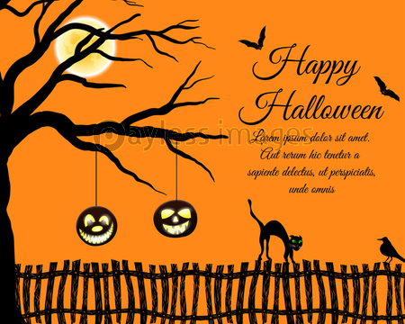 ハッピーハロウィングリーティングカード 城 コウモリ フクロウ 墓と墓地 インクブロットでツリーをグランジオレンジ色の背景のあるエレガントなデザイン ベクトル図 ストックフォトの定額制ペイレスイメージズ