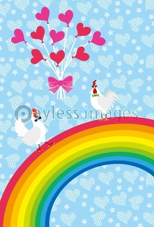 ニワトリと虹と風船のかわいいイラストのハガキ ストックフォトの定額制ペイレスイメージズ