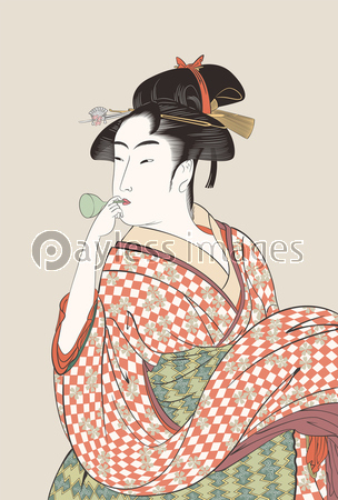 喜多川歌麿 婦女人相十品 ビードロを吹く娘イメージイラスト - 商用