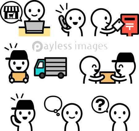 通販の流れと荷物受け渡しのイラストセット 商用利用可能な写真素材 イラスト素材ならストックフォトの定額制ペイレスイメージズ