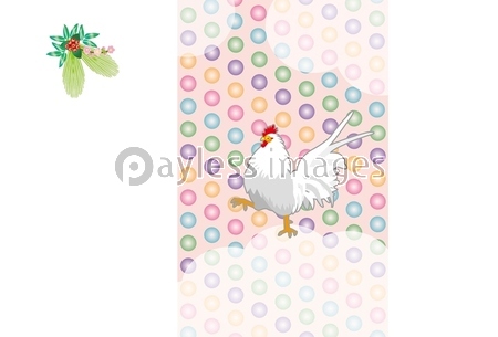 ニワトリとピンクの水玉のイラスト年賀状テンプレート素材酉年 商用利用可能な写真素材 イラスト素材ならストックフォトの定額制ペイレスイメージズ