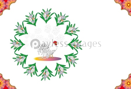 ニワトリと花のイラスト年賀状テンプレート素材酉年 ストックフォトの定額制ペイレスイメージズ