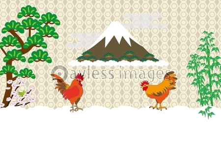 酉年の鶏と富士山と松と梅と竹のイラスト年賀状テンプレート素材 商用利用可能な写真素材 イラスト素材ならストックフォトの定額制ペイレスイメージズ