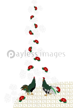 ニワトリと松の木のイラストの年賀状 ストックフォトの定額制ペイレスイメージズ