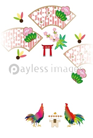 ニワトリと松の木のイラストの年賀状 ストックフォトの定額制ペイレスイメージズ