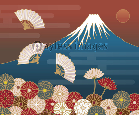 富士山 菊の花 扇の伝統的和風模様 ストックフォトの定額制ペイレスイメージズ