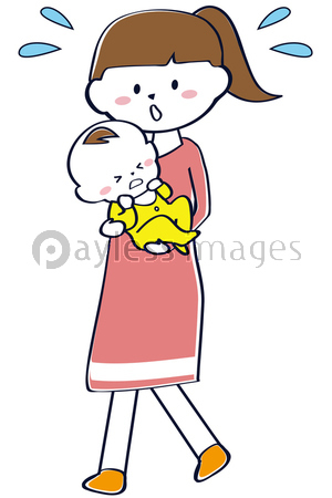 泣いている赤ちゃんをあやすポニーテールママ 全身の写真 イラスト素材 Xf ペイレスイメージズ