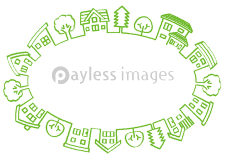 家と木の線画手書き風サークル 楕円 ストックフォトの定額制ペイレスイメージズ