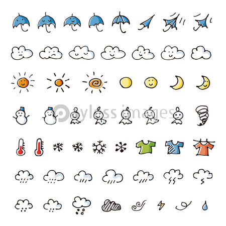 手書きの天気予報アイコンセット 傘 雲 太陽 雪だるま 月 洗濯物 雪の結晶 気温計 雷 雨雲 てるてる坊主 竜巻 雷 商用利用可能な写真素材 イラスト素材ならストックフォトの定額制ペイレスイメージズ