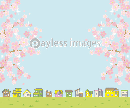 桜のある春の田舎の風景のイラスト 家の並びと空と草原 レクタングルバナーバージョン ストックフォトの定額制ペイレスイメージズ