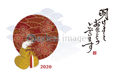 子年 ネズミの置物と和風波模様の年賀状イラスト ストックフォトの定額制ペイレスイメージズ